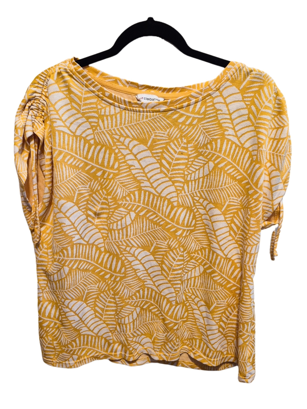 Liz Claiborne Women's Yellow Tropical Leaf Print Ruched Sleeve Blouse Size Large
